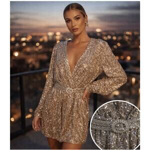 ZARA CHAMPAGNE GOL SEQUIN WRAP DRESS WITH DIAMANTÉ BELT BUCKLE PARTY VEGAS M